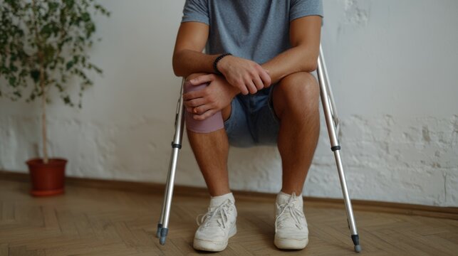 Young Hispanic man resting on crutches, showcasing a knee injury, in a softly lit indoor space with a potted plant. - Powered by Adobe
