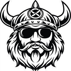 Monochrome viking warrior sporting sunglasses and horned helmet embodies bold masculinity in silhouette