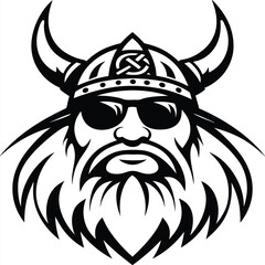 Monochrome illustration shows bearded Viking wearing sunglasses and horned helmet looking cool