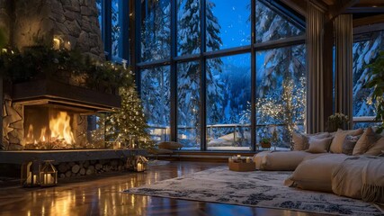 90Luxurious living space with roaring fireplace and elegant Christmas decorations, large glass windows overlooking a snowy forest, reflections of flames dancing on polished wood floo