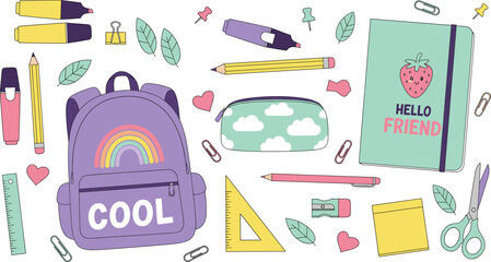 Cute back to school vector set with backpack, notebook, pencil case, markers, ruler, scissors, paper clips and colorful stationery supplies