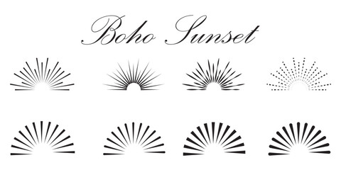Boho sunburst logo, sun line art vector. Sunset sunrise stock vector logo design. Boho style Sunburst and sunrise icons in editable stock. Vintage sunburst, sunset beams, half circle sunrise. 
