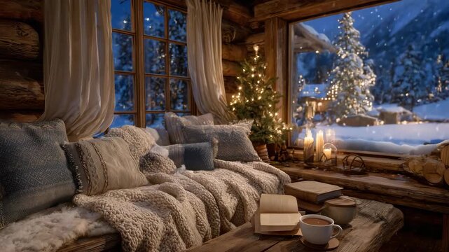 89Intimate cabin interior glowing with firelight, Christmas tree twinkling with ornaments, snow gently piling up outside the window, cozy blankets and hot cocoa on a wooden table, tr