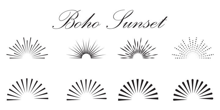 Boho sunburst logo, sun line art vector. Sunset sunrise stock vector logo design. Boho style Sunburst and sunrise icons in editable stock. Vintage sunburst, sunset beams, half circle sunrise. 