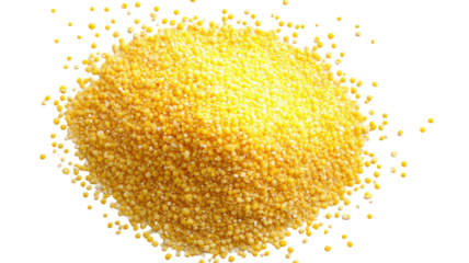 Corn polenta uncooked with coarse yellow grain texture and natural dried ground maize appearance clearly displayed isolated on white background