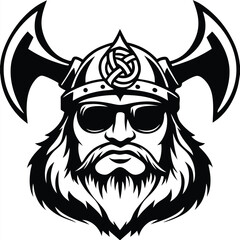 Stern Viking with Sunglasses Shows Off Axe Helmet in Black and White