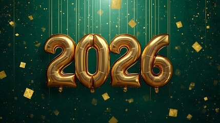 Golden 2026 balloons with confetti and green background