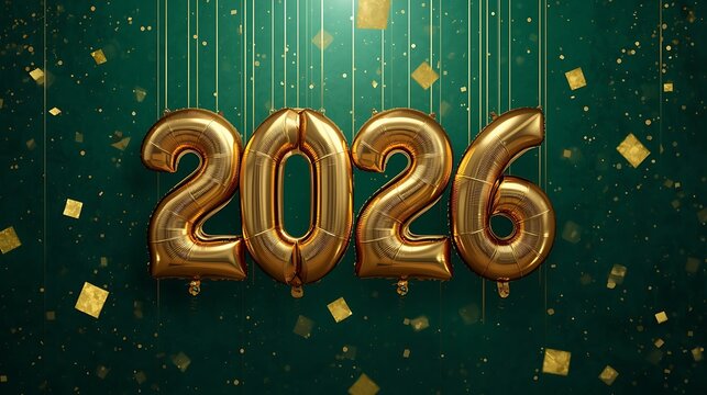Golden 2026 balloons with confetti and green background