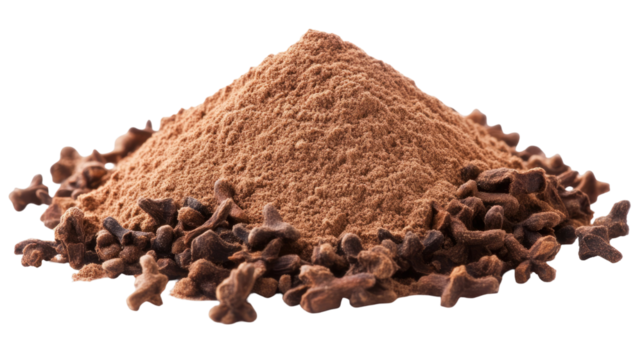 Clove powder pile with rich aromatic brown texture and finely ground spice particles clearly displayed in detailed view isolated on white background
