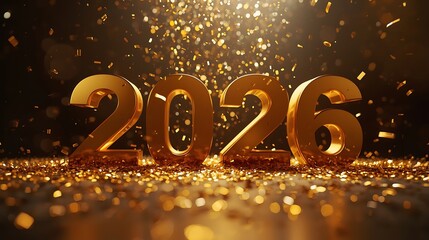 Golden 2026 numbers with falling confetti and bokeh lights
