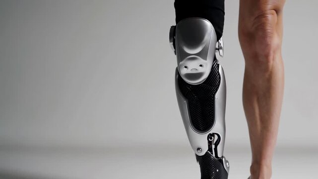 Closeup of an advanced prosthetic leg on a woman, showcasing innovative assistive technology for enhanced mobility and modern design. Concept of prosthetics, innovation, accessibility.