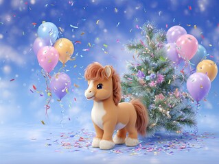 Obraz premium Colorful celebration scene featuring a plush horse next to a festive tree with balloons and confetti in a playful and cheerful setting