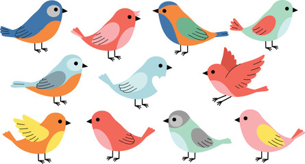 Cute colorful birds vector set with adorable songbirds in different poses for spring nature decorations and children’s illustration design