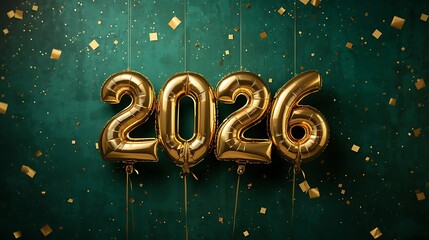 Golden balloons form the year 2026 with falling confetti