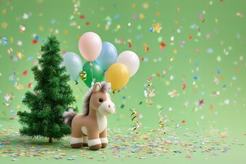 Cheerful celebration scene with a plush horse, a small tree, and colorful balloons amidst confetti on a bright green backdrop during a festive party