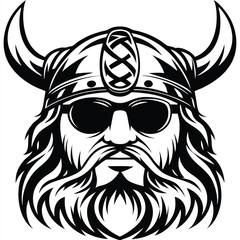 Fototapeta premium Monochrome viking head with beard wearing horned helmet and sunglasses in black and white
