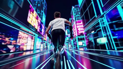 Cybernetic neon runner navigating futuristic cityscape with digital screens. concept of sci-fi adventure, high-tech urban exploration, virtual reality experience
