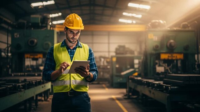 Modern factory worker utilizing tablet for efficient manufacturing processes, promoting safety and technology in industrial settings, ensuring quality control