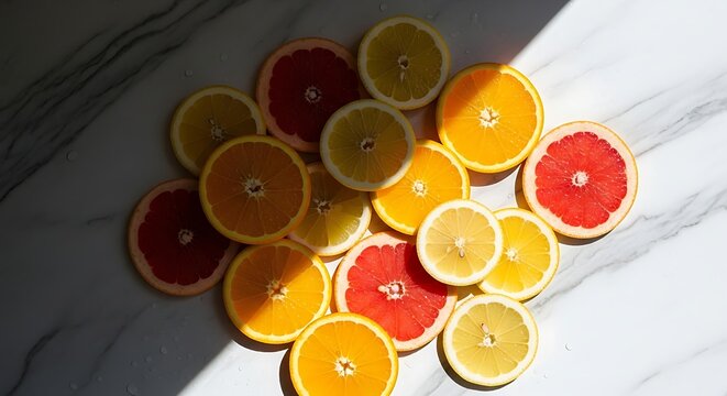 Colorful Citrus Fruit Slices on Marble Surface Bright Juicy Fresh Fruit