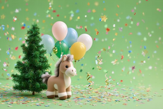Cheerful celebration scene with a plush horse, a small tree, and colorful balloons amidst confetti on a bright green backdrop during a festive party - Powered by Adobe