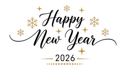 Happy new year 2026 text with snowflakes and stars, isolated on