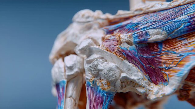 108High-detail anatomical hip joint model showing bone, muscle, and ligament layers, realistic color grading, neutral background for educational and reference purposes