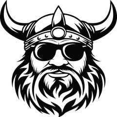Monochrome Viking portrait shows a bearded warrior wearing horned helmet and sunglasses for a distinctive look