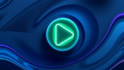 Abstract blue background with a glowing green play button in the center, modern and dynamic television
