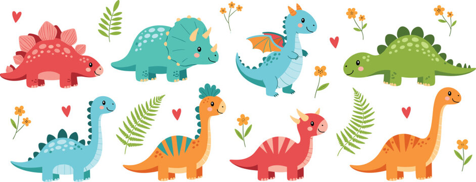 Cute dinosaur vector set with smiling cartoon prehistoric animals, baby dino characters, flowers and leaves for kids Jurassic design