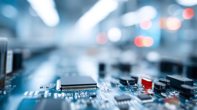 Closeup macro shot of a detailed circuit board with a central processing unit and surrounding micro components, featuring sleek textures, vibrant colors, and a blurred background conveying technologi - Powered by Adobe