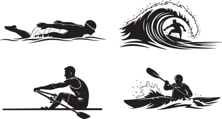 Various aquatic sports icons set of swimming surfing rowing and kayaking vector