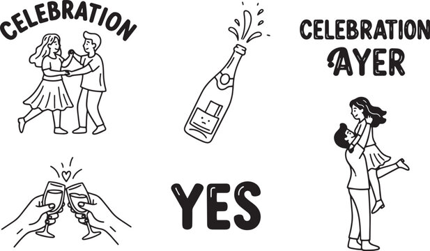 Celebration doodle set couple champagne love theme in cute cartoon style illustration - Powered by Adobe
