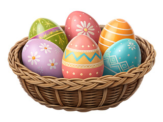 Colorful easter eggs in a wicker basket, festive holiday decor.