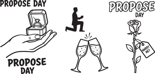 Propose day graphics of hand giving ring champagne glasses and rose with tag