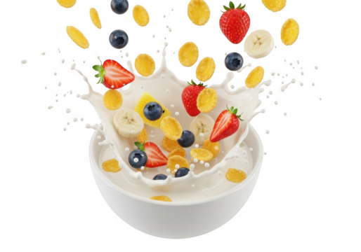 Fresh fruit and cereal splash in milk creating a delicious and healthy breakfast scene transparent background