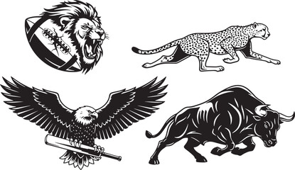 Set of Sports Vector Mascot Logo Lion Cheetah Eagle Bull on Transparent Background