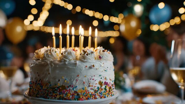157Detailed birthday cake with glowing candles on table, friends in soft focus around, sparks flying and confetti falling, cinematic depth of field capturing festive energy