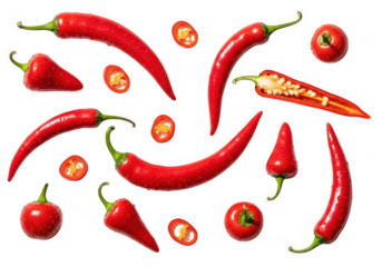Vibrant red chili peppers collection freshly harvested spicy organic ingredients for cooking transparent background