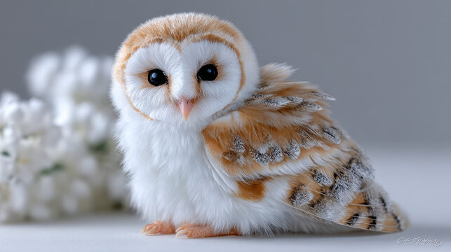 Baby barn owl with pure white fluffy down feathers in close-up wildlife portrait