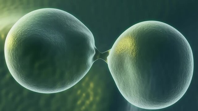 Cell division animation showing mitosis process of a single cell splitting into two daughter cells