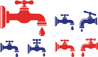 Collection of colorful dripping water faucets in bold red and blue designs, perfect for plumbing conservation concepts, utility icons, leak awareness graphics, cad drawing flat vector illustration