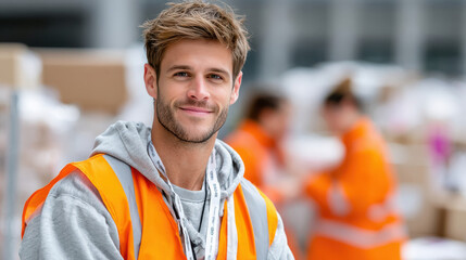 Fototapeta premium Warehouse logistics supervisor in an orange safety vest with a confident smile. Modern distribution center in the background.