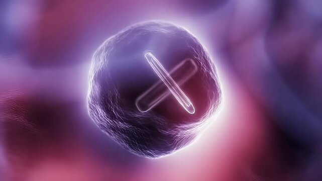 Microscopic visualization of a cancer cell with glowing purple and pink hues, cellular structure and cross element representing research or disease concept, video footage