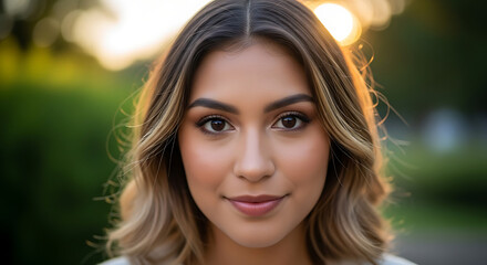 Young woman with warm smile bathed in golden hour sunlight outdoors