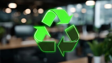 181Green 3D recycling icon glowing slightly above desk, professional environment blurred behind, laptops, coffee mugs, and office plants subtly visible, conveying eco-responsibility - Powered by Adobe