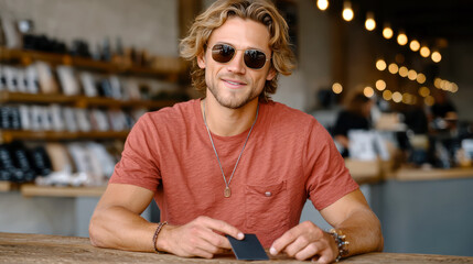 Man in sunglasses holding a credit card at a café table with blurred people in background and soft lighting
