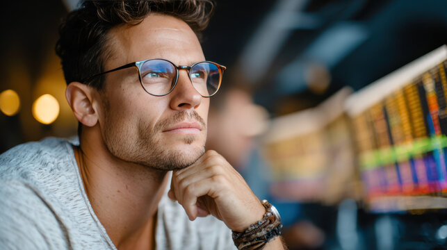 Focused analyst in glasses contemplates cybersecurity strategies with computer displays - Powered by Adobe