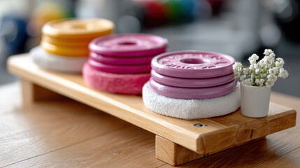 Adjustable dumbbell plates on wooden stand in home gym. Colorful discs stacked neatly for strength workouts and storage. Practical set for weight training and home fitness photos. Bright tidy look..