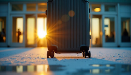 Luggage at sunrise in airport terminal entrance for travel and transportation