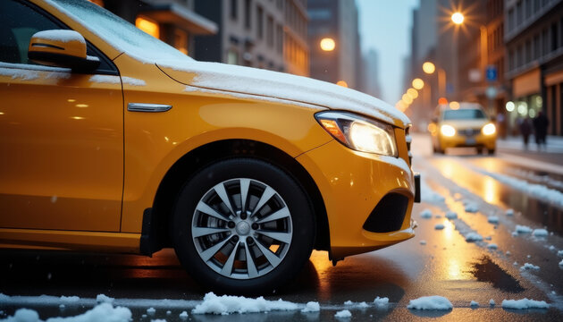 Yellow car parked on a snowy city street with wet pavement and blurred background during daytime with traffic and buildings visible. - Powered by Adobe